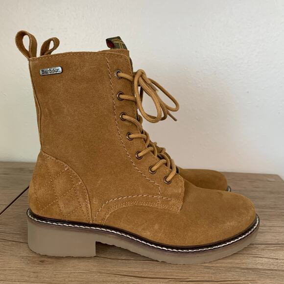 NWOB Barbour Alexandria Combat Boots Womens 5 US Leather Suede Camel Brown 3 UK - Picture 1 of 14